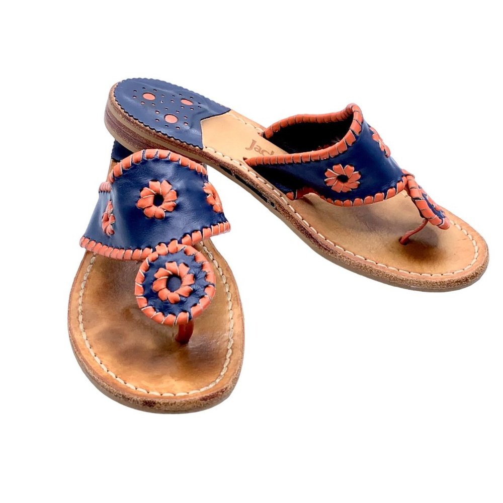 Jack Rogers Navajo Rattan Open Toe Slide On Sandals Midnight Blue Red 6 Leather - Picture 1 of 10
